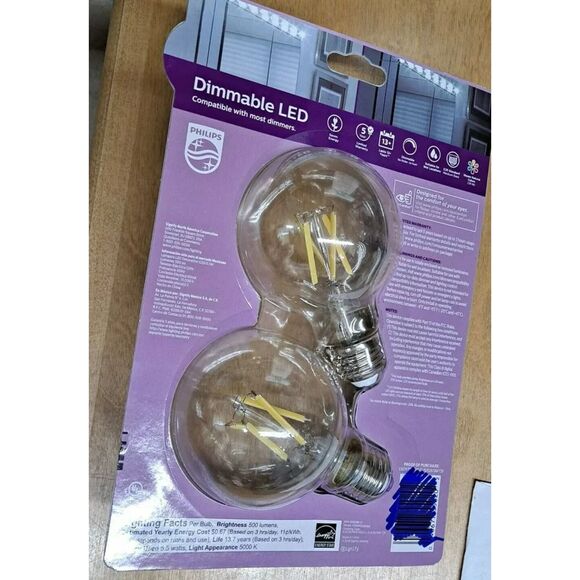2 pack Philips 60-Watt Equivalent Daylight G25 Dimmable Globe LED Light Bulb E26 - Picture 1 of 2